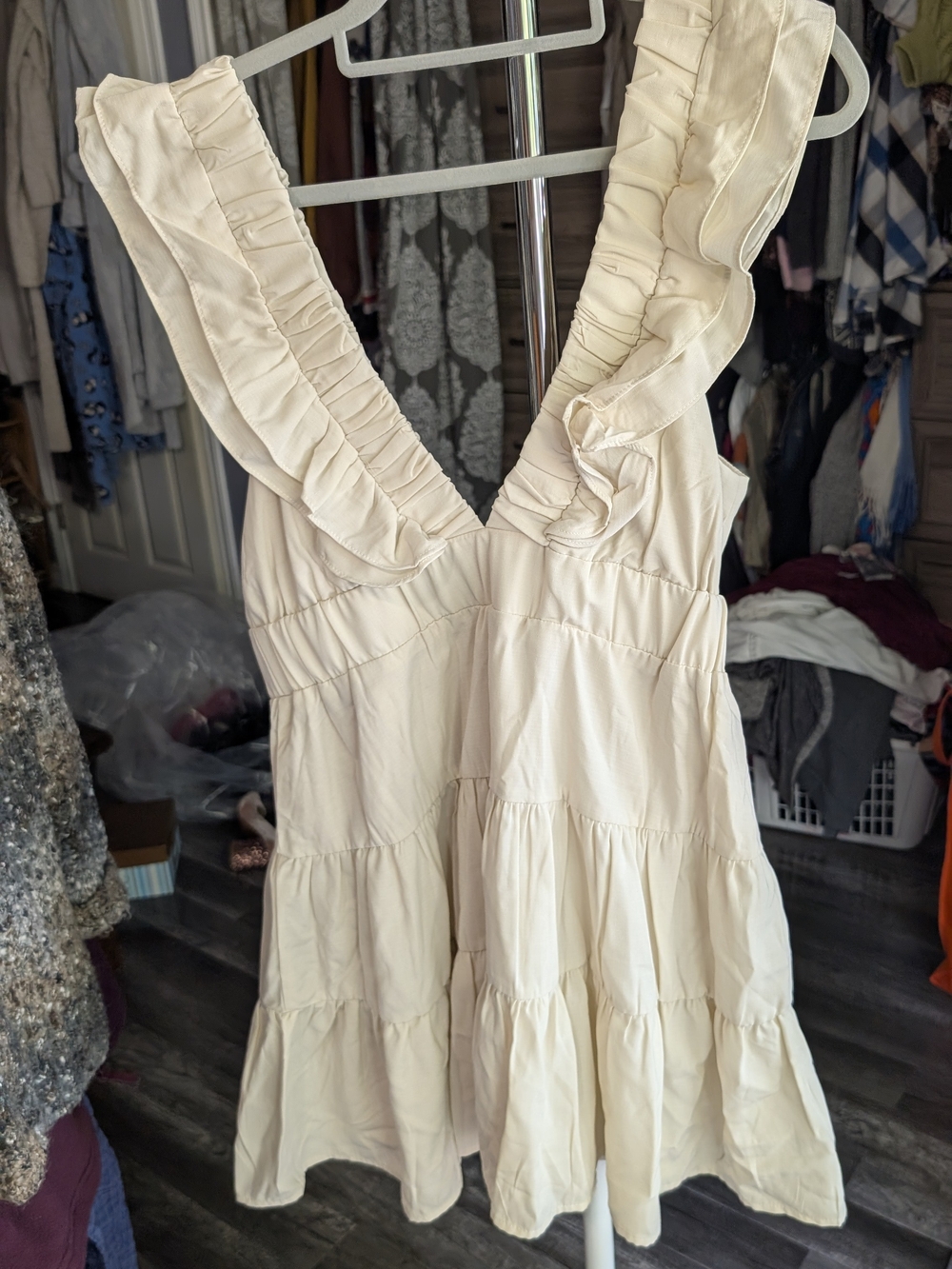 Ruffled V-Neck Tiered Mini Dress - Cream